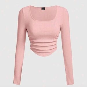 Women Scoop Neck Ruched Hem Ribbed Long Sleeve Pink Cropped Top Size Xs
